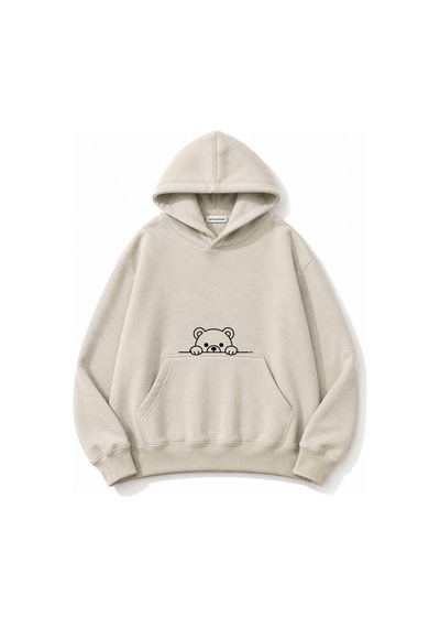 Herkesemoda Sevimli Ayı Baskı Detaylı Kapüşonlu 2 İplik Sweatshirt Bej