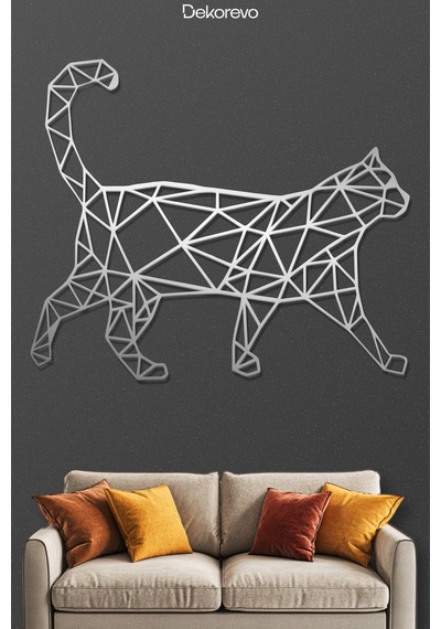 Geometrik Kedi Metal Duvar Tablosu - Metal Duvar Sanatı - Krom - 40 X 50 Cm