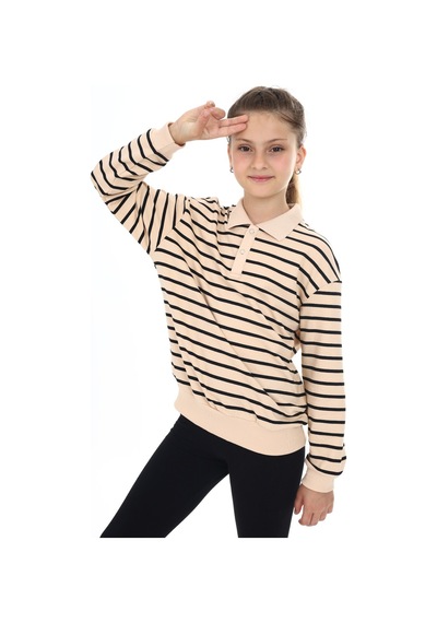 Toontoy Kız Çocuk Çizgili Sweatshirt Bej