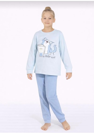 Kız Çocuk Kedi Baskılı Uzun Kollu Pijama Takımı Rahat Ev Giyimi-8411- Mavı