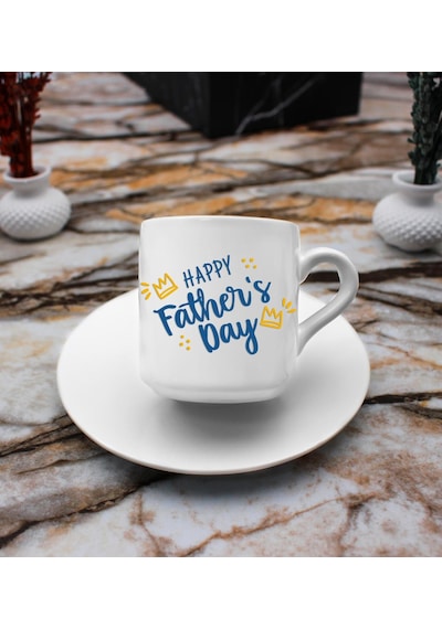 Happy Father's Day Baskılı 2'li Türk Kahve Fincanı & Metal Mum Hediye Seti Babalar Gününe Özel Hediye B3