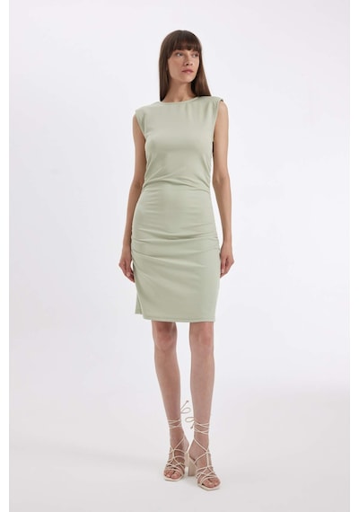 DeFacto Bodycon Vücuda Oturan Drapeli Krep Kolsuz Mini Abiye Elbise D3770AX24AUKH494