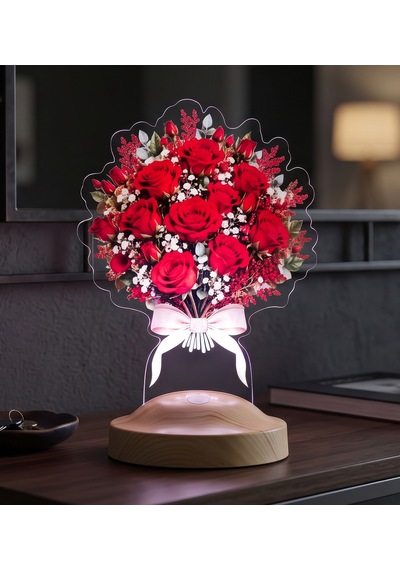Kırmızı Güller Aşk Buketi Led Lamba Kadına, Eşe Ve Sevgiliye Romantik Hediye, Işıklı Solmayan Gül Çiçek Buketi