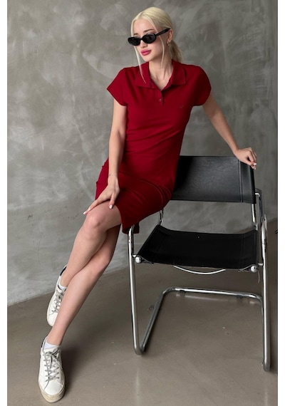 Madmext Bordo Düğmeli Polo Yaka Kadın Elbise Mg2305 Bordo
