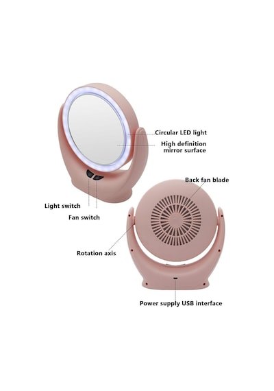 Naturalove Fanlı Led Işıklı Makyaj Aynası,360 Derece Şarj Edilebilir Pembe