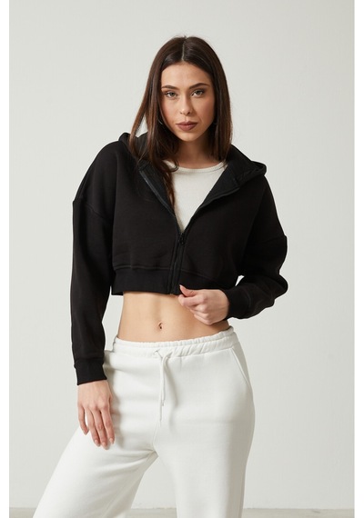 Twenty3 Kadın Basic Fermuarlı Kapüşonlu Crop Kalın İçi Polarlı Örme Sweatshirt 001