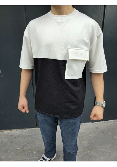 Erkek Kısa Kol Yazlık Tişört Torba Cepli Parçalı T-shirt - Siyah
