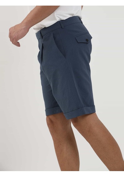 Dufy Indigo Erkek Slim Fit Gofre Desenli Short - 104682-Indigo İndigo