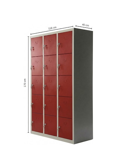 15 Gözlü Metal Emanet Dolabı Kırmızı 118x40x170