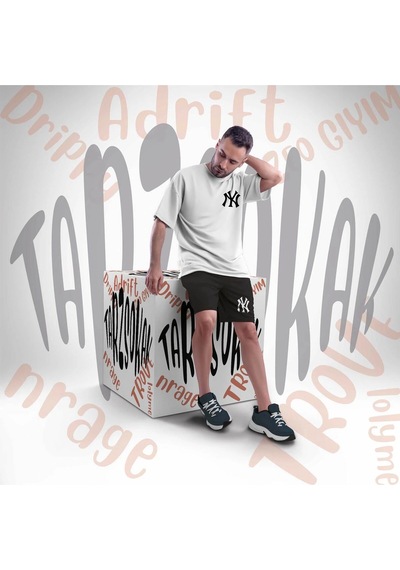 Tarzsokak Unisex Şort Takım Ny Ci Ty Letter Graphic Drawstring Waist Beyaz