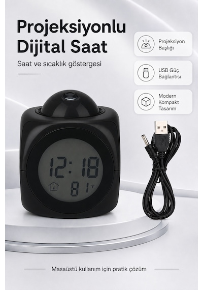 Duvara Yansıtan Projeksiyonlu Dijital Çalar Saat Konuşan Termometreli Led Alarm Masa Saati Pilli & Kablolu Kullanım Siyah Duvara Yansıtan Projeksiyonlu Dijital Çalar Saat Konuşan Termometreli Led Alarm Masa Saati Pilli & Kablolu Kullanım Siyah