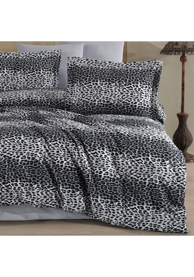 Çift Kişilik Leopar Desen Nevresim Takımı 200x220 4 Yastık Kılıfı Lastikli Çarşaflı 160x200+30 Gri