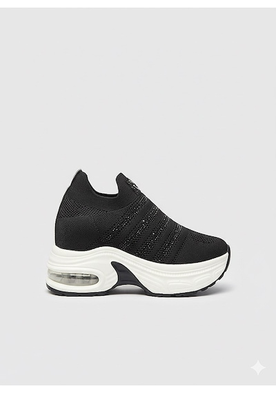 Voyager Taşlı Triko Kalın Dolgu Taban Kadın Sneaker Ayakkabı B278 Siyah