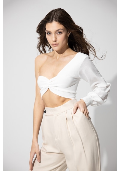 Sherin Beyaz Tek Omuz Balon Kol Crop SWK4605BE-BEYAZ