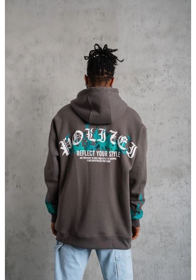 Erkek 3 İplik Pamuklu Alev Baskılı Kapüşonlu Hoodie Sweatshirt - Gri
