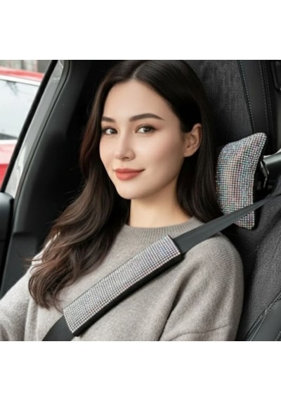 Işıltılı Pırlanta Taşlı Ergonomik Boyun Yastığı Ve Konforlu Emniyet Kemer Süngeri Seti Üniversal Silver Gümüş Renk