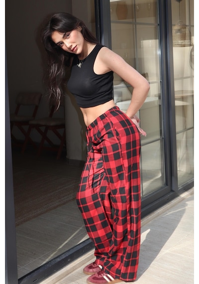 Madmext Bordo Ekoseli Kadın Pantolon Mg2401 Bordo