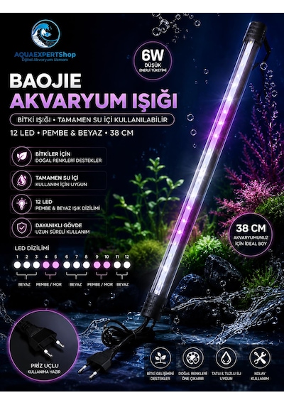 Akvaryum Işığı - Bitki Işığı - Balık Işığı - Tamamen Su İçinde Kullanılabilir - 12 Led - Pembe Beyaz - 38 Cm - Güçlü Aydınlatma - 6w