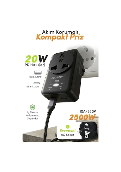Fulltech Ftr-27 20w Pd Hızlı Şarjlı Akım Korumalı Kompakt Priz Siyah Usb-c & Usb-a Çıkışlı 2500w G Kablosuz