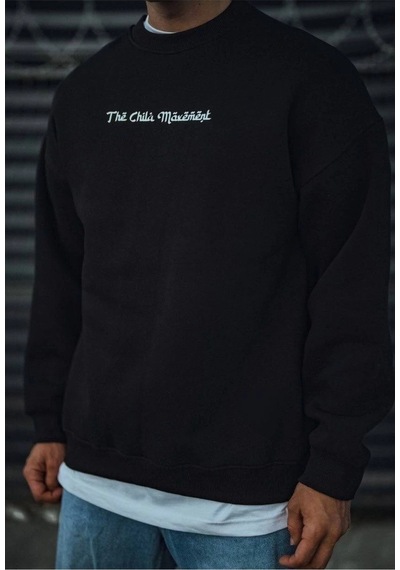 Erkek 3 İplik Pamuklu Bisiklet Yaka Baskılı Sweatshirt - Siyah