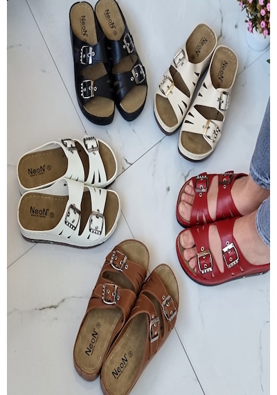 Neon Shoes Darma Kadın Günlük Terlik Çift Bant Tokalı Ortopedik Taban Anne Dışarı & Ev İçi Terliği 001