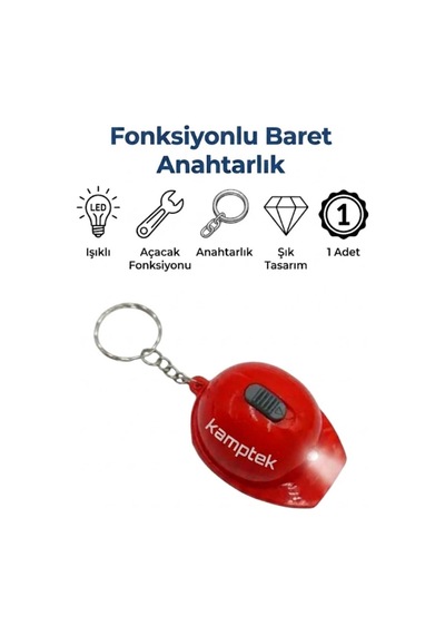 Baret Tasarım Anahtarlık Açacak Fonksiyonlu Işıklı Tasarım Anahtarlık Baret Kırmızı Kırmızı