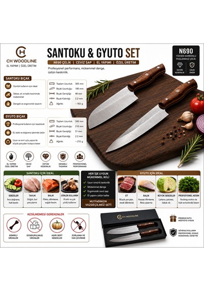 Ch Woodline N690 Çelik Santoku Ve Guyuto Bıçak Seti 2 Parça Profesyonel Şef Bıçağı, Özel Tasarım Ceviz Sap, Premium Mutfak Bıçak Seti Ch Woodline N690 Çelik Santoku Ve Guyuto Bıçak Seti 2 Parça Profesyonel Şef Bıçağı, Özel Tasarım Ceviz Sap, Premium Mutfak Bıçak Seti