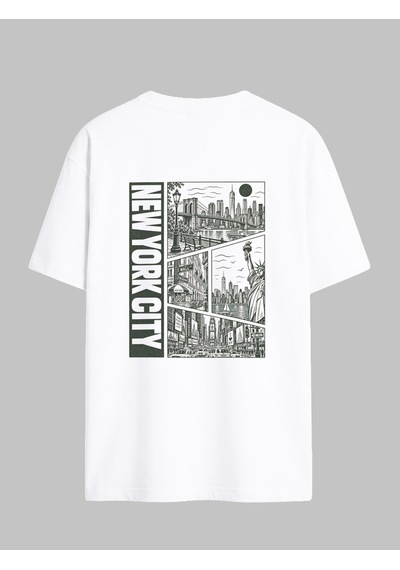 Black Nova Oversize Baskılı Unisex Tişört Nyc Stamp Beyaz