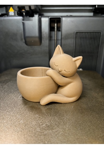 3d Baskı Sarılan Kedi Saksı - Sevimli Dekoratif Saksı - Bej