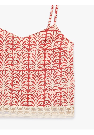 Koton Pamuklu Floral Desenli Dantel Kroşe Detaylı Askılı Crop Top Tarçın 6sak30030uw