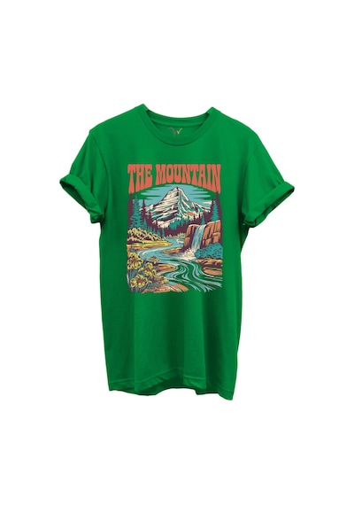 The Mountain Yazılı Dağ Manzarası Ve Şelale Baskılı %100 Pamuk Regular Fit Unisex T-shirt Yeşil