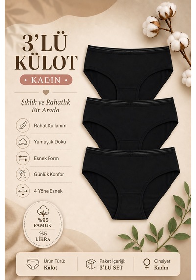 Nicoletta Kadın Külot 3 Lü Paket Likralı Pamuklu Beli Geniş Lastikli Transp Siyah