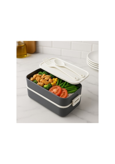 Lunch Box Kendinden Çatal Kaşıklı Estetik 2 Katlı Taşınabilir Yemek Kabı Siyah