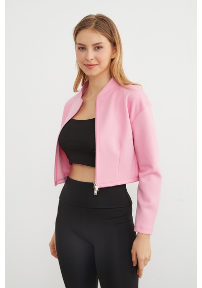 Fullamoda Fermuarlı Hakim Yaka Crop Spor Ceket Pembe