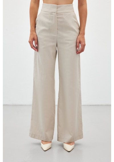 Sateen Bol Paça Keten Pantolon - Taş-136412 Taş