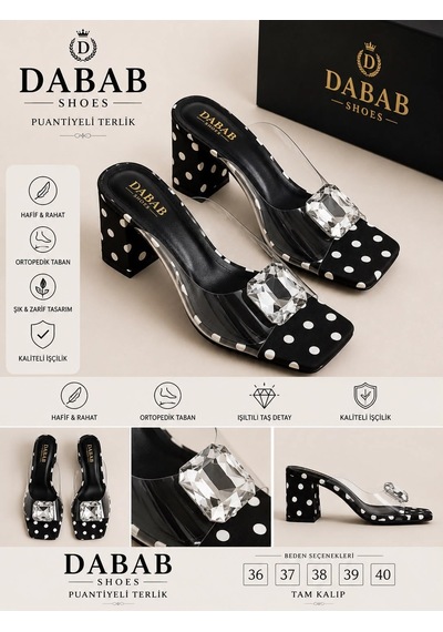 Dabab Shoes Rodın Kadın Şeffaf Bantlı Taş Tokalı Puantiye Desenli Kare Burunlu Siyah 7 Cm Kalın Topuklu Terlik