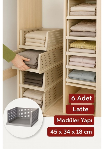 6 Adet Latte Raylı Elbise Organizeri - Mutfak Banyo Düzenleme Depolama Üst Üste Dizilebilir Bej
