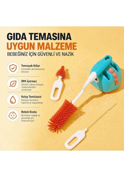 Valkyrie 3'lü Dinazor Biberon Temizleme Fırça Seti Silikon Biberon - Emzik ve Pipet Fırçası Yeşil
