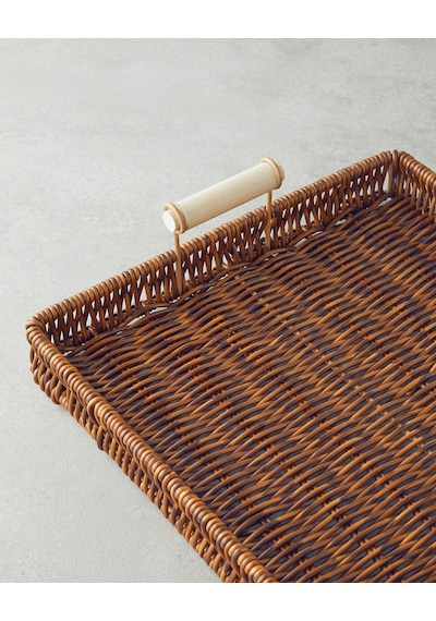 Boho Plastik Rattan Tepsi 26x26x3 Cm Kahverengi