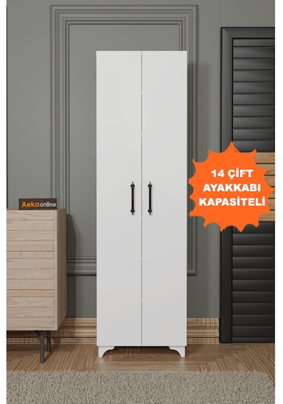 Ae-3085 Selen Beyaz Ayakkabılık, 7 Raflı, Ayaklı, 2 Kapaklı Beyaz