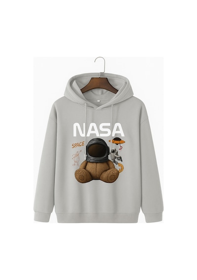 Kokina 3 İplik Penye Unisex Nasa Ayıcık Baskılı Kapüşonlu Sweatshirt Gri