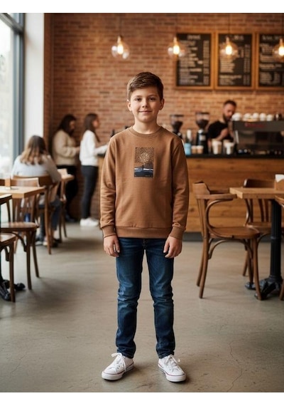Zekids Erkek Çocuk Pamuklu Manzara Baskılı İnce Uzun Kollu Sweatshirt-16341 Kahverengi