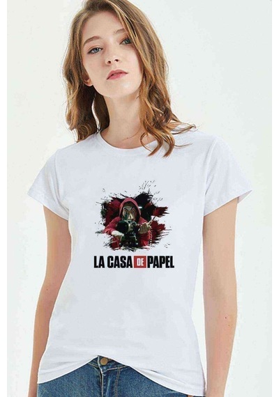 La Case De Papel Dali El Baskılı Beyaz Kadın Tshirt