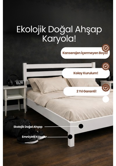 Renazzo Urban Masif Ahşap Karyola Beyaz 150x200 Beyaz - 150 X 200