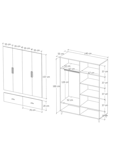 İnci 4 Kapaklı 2 Çekmeceli Gardırop Beyaz %100 Mdf