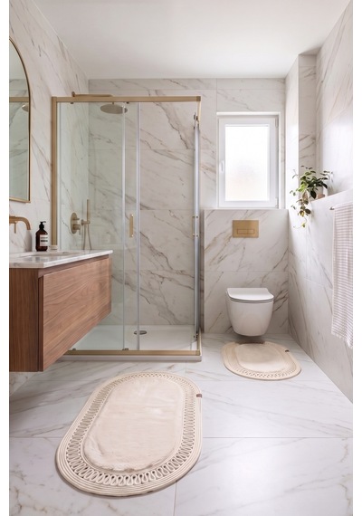 Banyo Paspası Takımı 60x100+40x60 Cm İç Trikot Bej & Krem Bej - Krem