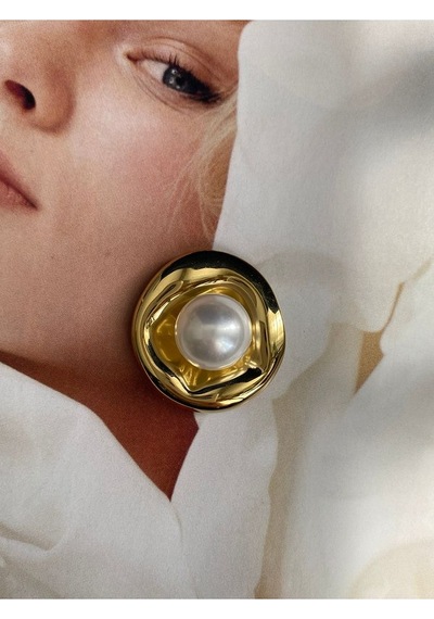 Pinery Jewels Top İncili Yuvarlak Paslanmaz Çelik Kadın Küpe Çifti Altın