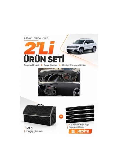 Volkswagen Tiguan 2007-2015 Uyumlu Torpido Örtüsü + Deri Bagaj Çantası + Sticker Seti - Siyah Gri
