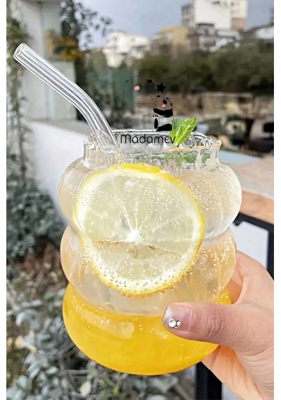 4lü Bubble Şekli Pipetli Cam Bardak Limonata Meşrubat Kokteyl Kahve Sunum Baloncuk Bardağı 500 Ml.