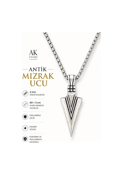 Erkek, İlk Ve Orta Çağ Mızrak Ucu Figürlü K-112 Paslanmaz Kromix Çelik Gümüş Kaplama Kolye Madalyon Beyaz